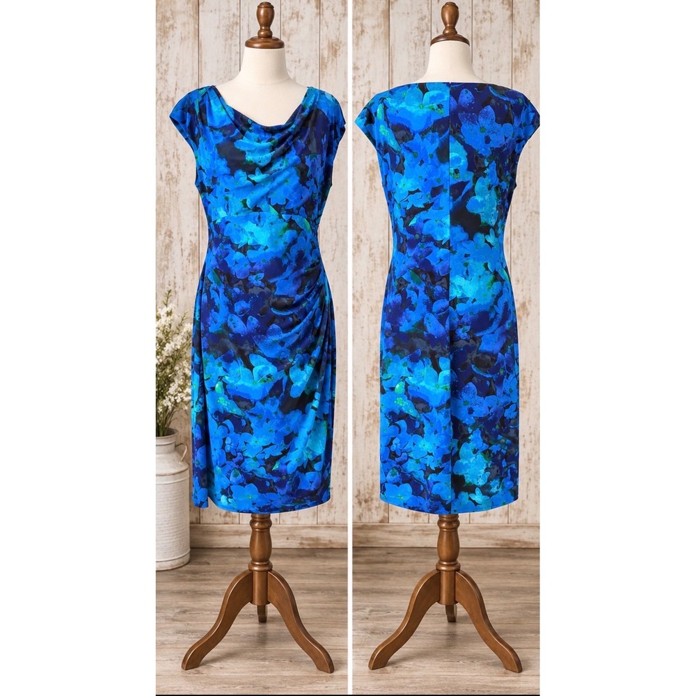 Lauren Ralph Lauren Blue Floral Cowl Neck Ruched Sheath Dress Size 16 Careerwear